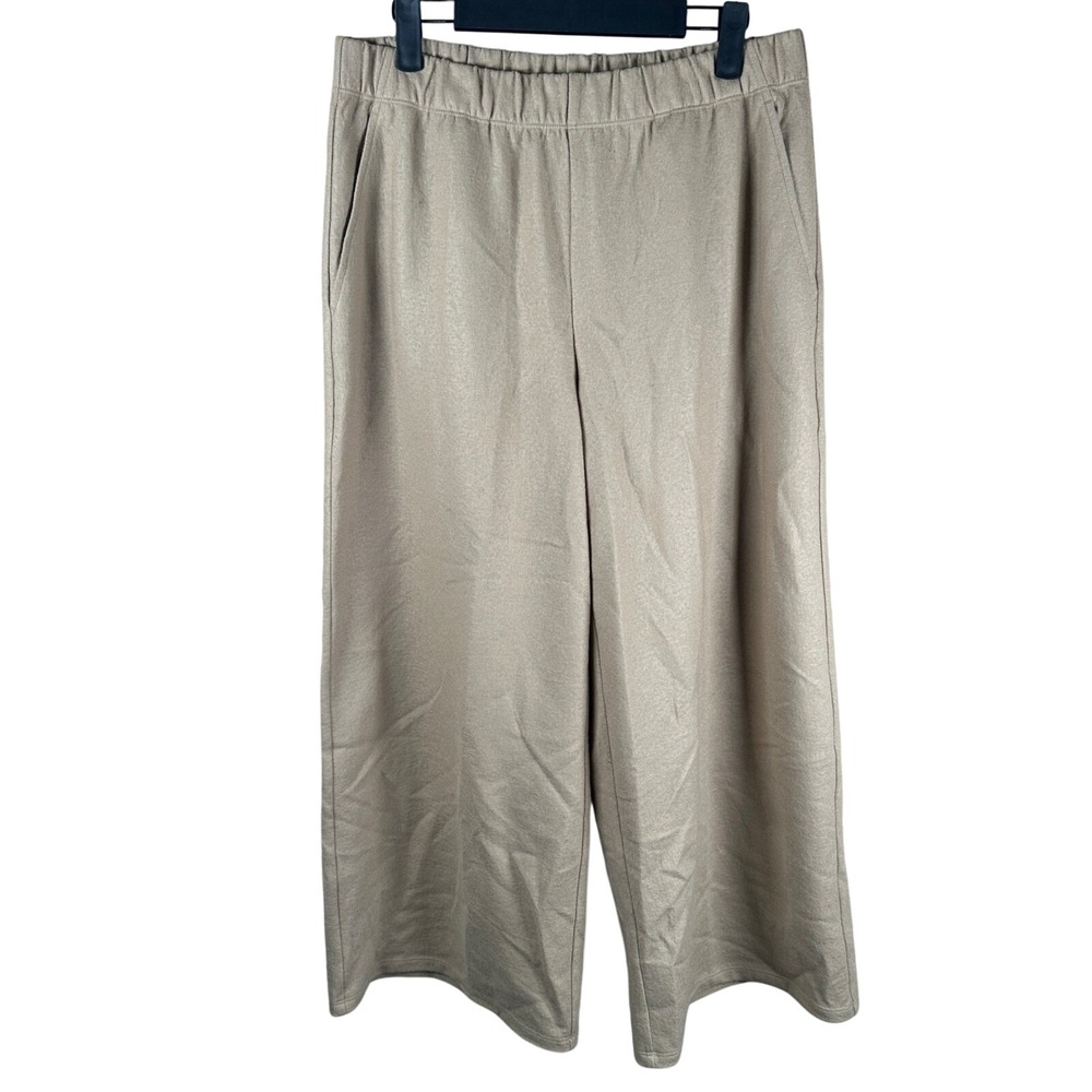Eileen Fisher Wool Wide Leg Cropped Pants Womens PM Tan Beige Elastic Waist